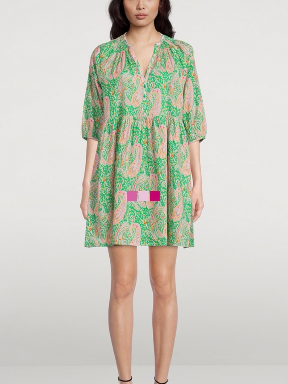 ba&sh Green Paisley Mini Dress with Pink Accents